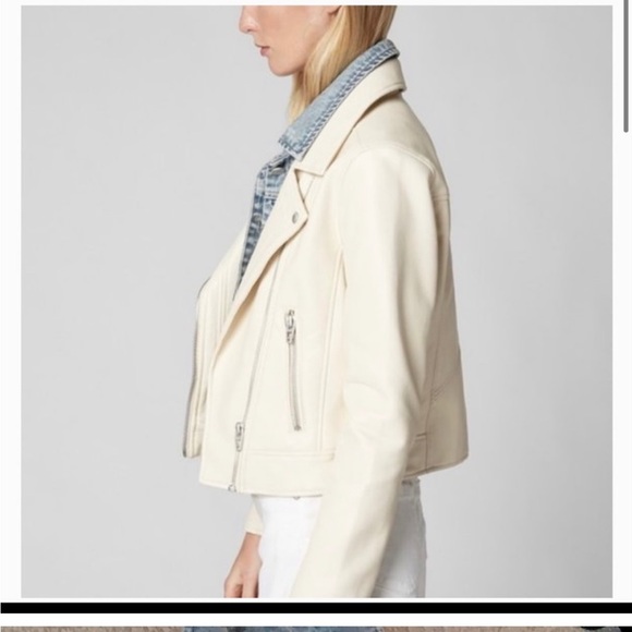 BLANK-NYC Cream white vegan leather jacket with removable denim collar. - Picture 2 of 15